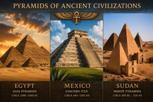 Pyramids from Egypt, Mexico and Sudan showing pyramid structures across ancient civilisations