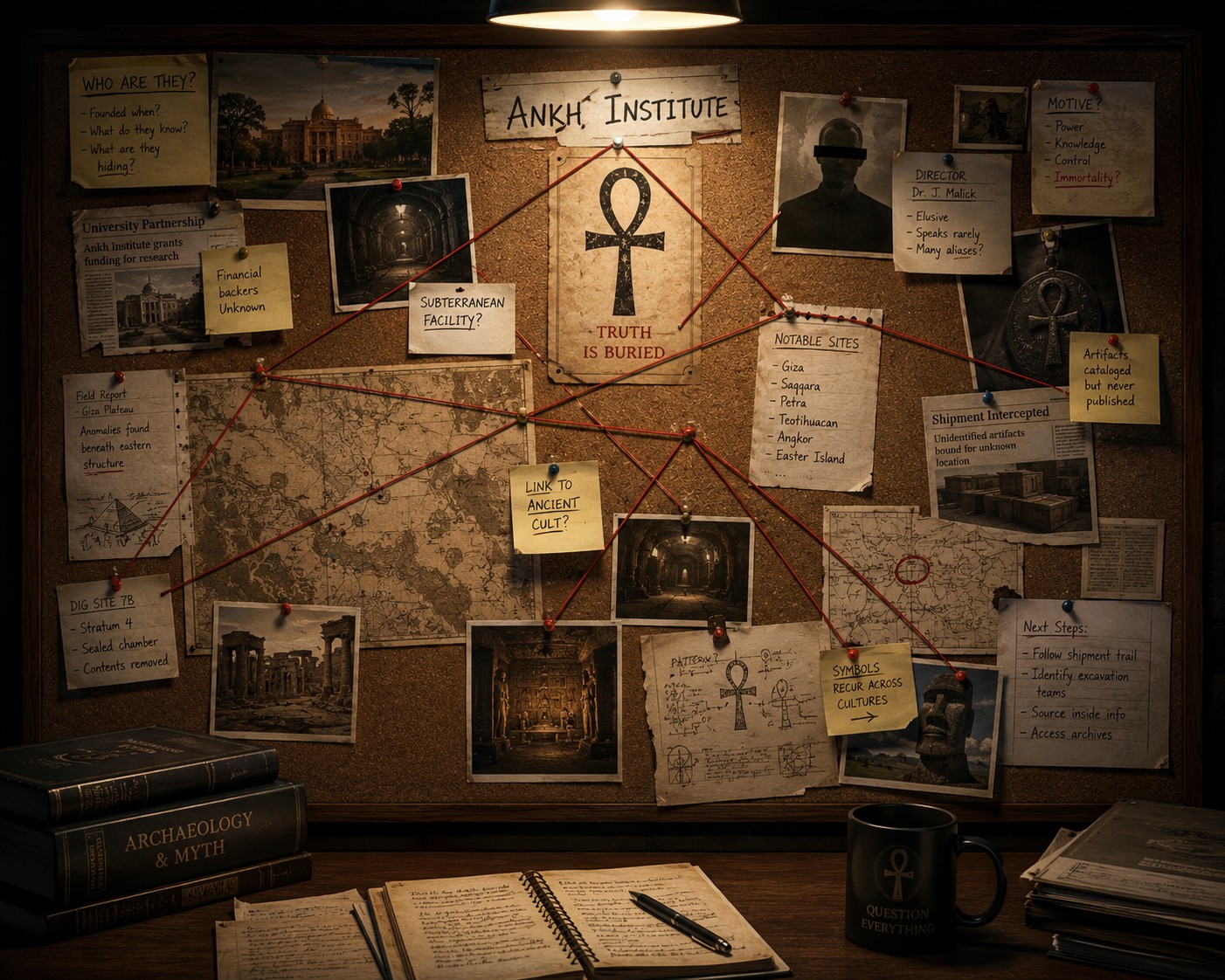 A board containing clues, notes and theories