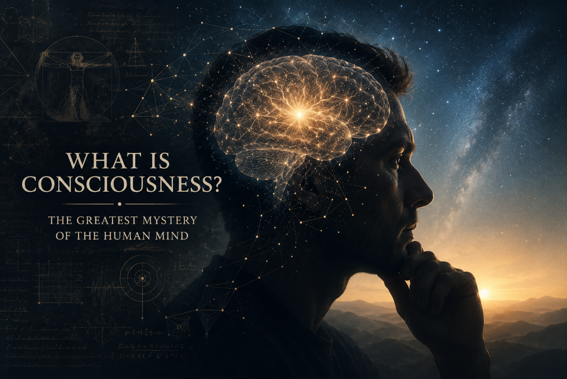 A conceptual illustration exploring consciousness and the human mind