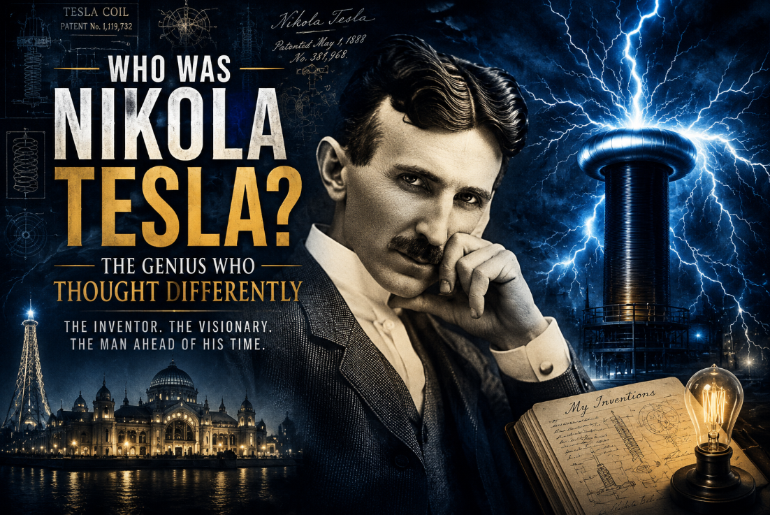 Nikola Tesla with electrical inventions, lightning and Tesla coil imagery