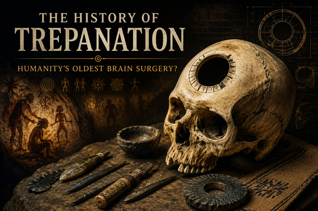 Ancient trepanation showing early skull surgery and stone instruments